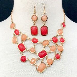 Pink Abstract Shapes Bib Necklace Earrings Set